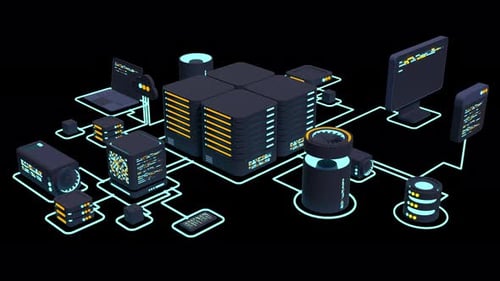Computer technology 3D animation. Computation of big data center. Cloud computing. Online devices