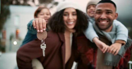 Family, face and keys for real estate or new home, mortgage and property investment for ownership