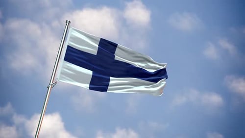 Realistic Finland Flag Waving against Blue Sky