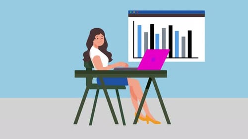Animated Business Woman Working on Laptop with Data Chart