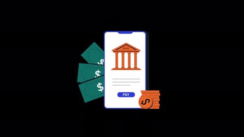 Smartphone with Bank Building and Money. Mobile Banking Concept Animation Video - Transparent