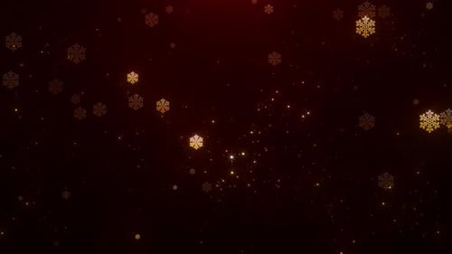 Golden Snowflakes and Particles Falling on Festive Red Background