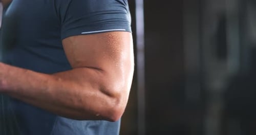 Dumbbell, mirror or weightlifting strong man with arm exercise, muscle growth workout