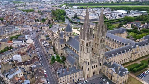 Abbey of Saint-Étienne or Abbaye aux Hommes or Abbey men, Caen in Normandy, France. Aerial drone cir