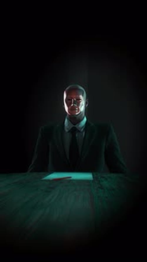 Intense Corporate Interview with Stylized Figure and Dynamic Lighting
