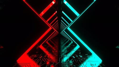 Turquoise And Red Cyber Corridor With Neon Glowing Figure Arches Background Vj Loop In 4K