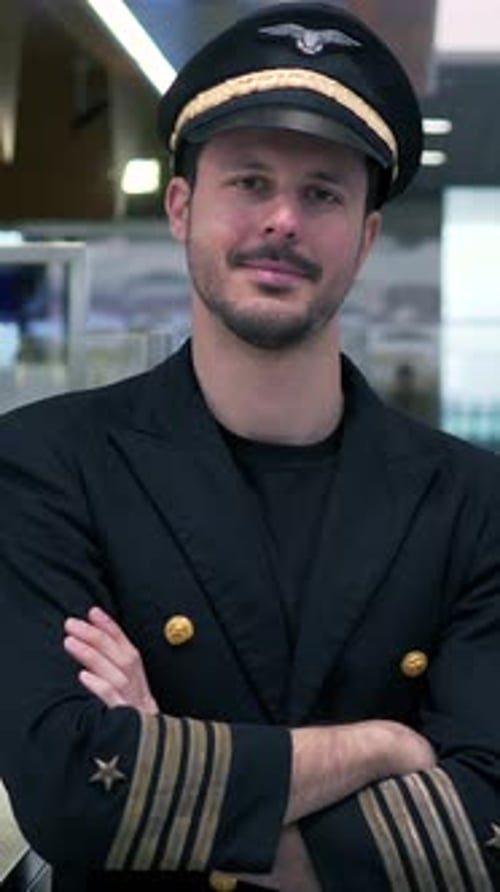 Ein Airline-Pilot in professioneller Uniform steht stolz am Flughafenterminal