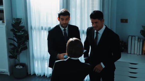 Top view of smart manager shaking hand with team and analyze data. Directorate.