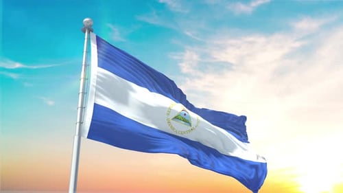 Nicaragua Flag Waving Loop with Realistic Fabric in Blue Sky