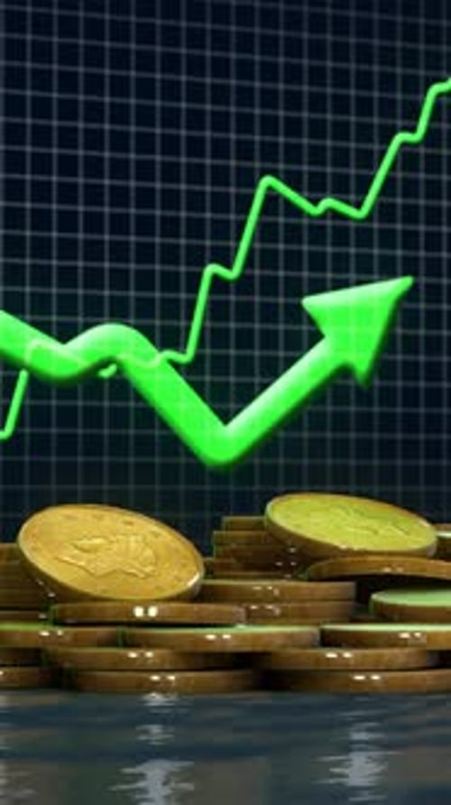 Gold Coins Growth Green Arrow Financial Chart Uptrend Vertical Loop 4K