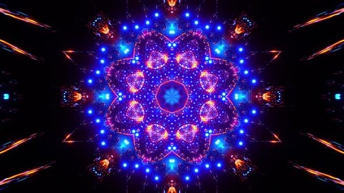 Colorful circular design with many lights on it's sides. Kaleidoscope VJ loop