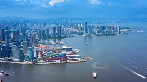 Shenzhen ,China : Aerial footage of container terminal in Shenzhen city, Chin