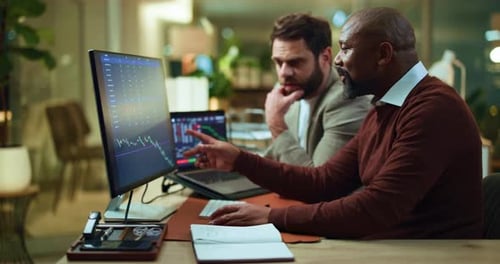 Pointing, computer or people in office with stock market analysis, graph or coaching for investment