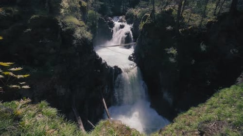 Tall cascading waterfall streaming down the river between rainforest trees
