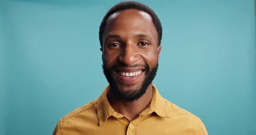 Happy, laughing and face of black man in studio for meme, fashion and confidence