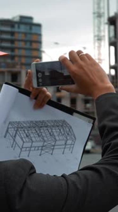 Engineer Photographs Building Construction Site with Smartphone