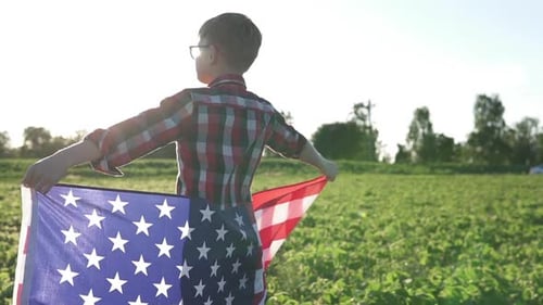 Boy Holding American Flag in Green Field