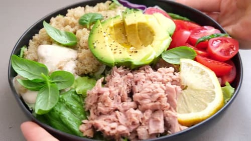 Healthy Tuna Quinoa Salad Bowl Close Up