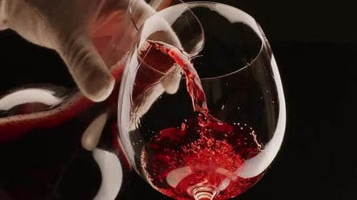 Red wine is pouring into a glass on a black background. Slow motion, close shot.