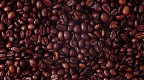Roasted Coffee Beans Rotate in a Circle Top View