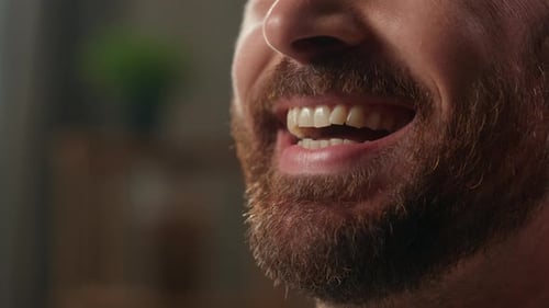 Close Up Happy Bearded Man Caucasian Positive Smiling Funny Guy Male Joyful Dental Toothy Smile