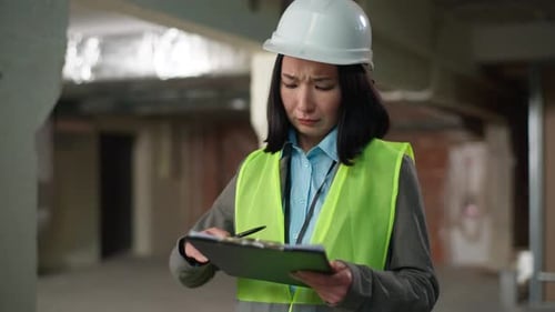Nervous Asian Korean Japanese Woman Builder Checking Documents Problem Mistake Building Plan Project