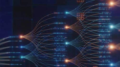Abstract visualization depicts a complex network of data connections and information flow.