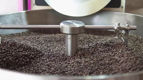 Roasted Coffee Beans Mixing in Industrial Roasting Machine