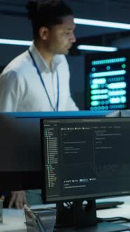 Vertical Video Computer Scientists in Data Center Managing and Maintaining Databases