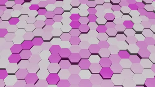Background of purple and white abstract hexagons moving up and down in different directions 3d