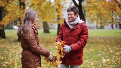Couple Enjoying Throwing Leaves in Autumn Park