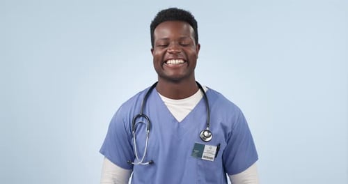 Laugh, doctor and face of black man in studio for medical service, care and support for hospital
