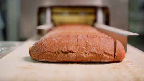 Bread on conveyor belt after long loaf cutting mechanism at factory close-up. Slow motion