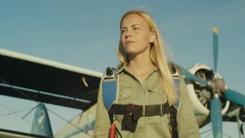 Girl Skydiver is Walking on Airfield