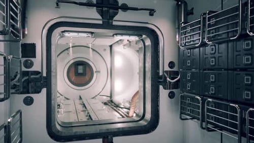 Exploration de l'intérieur d'une station spatiale futuriste en orbite