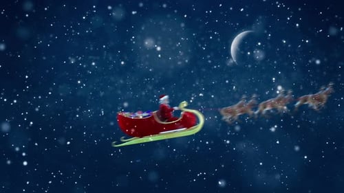 Santa Claus Sleigh Ride with Reindeer Across Snowy Christmas Sky