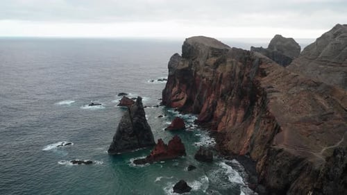 A dramatic tilt-up reveals jagged coastal cliffs and rock formations at Ponta de São Lourenço, Madei
