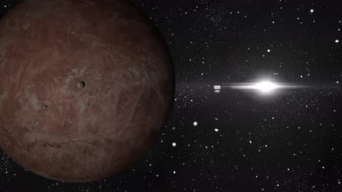 Fiktiver MAKEMAKE-Planet, der sich um den Weltraum oder die Galaxie dreht, und Sterne, Milchstraße, Animation eines Planeten. 2650