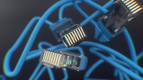 Close-Up of Ethernet RJ45 Connectors With Tangled Blue Network Cables