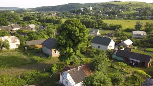 Aerial View of Small Village with Small Houses Among Green Trees with Farm Fields and Distant Forest