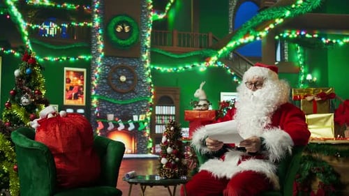 Santa Claus reading letters in decorated Christmas room