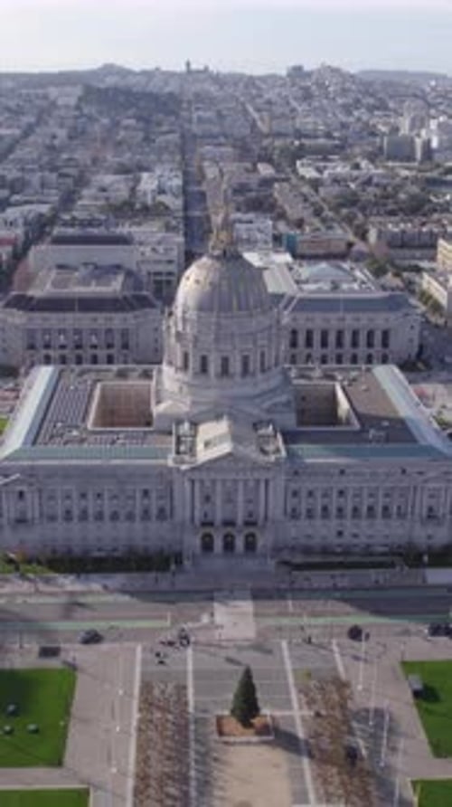 Vertical Aerial View of San Francisco City Hall on Sunny Day, California USA