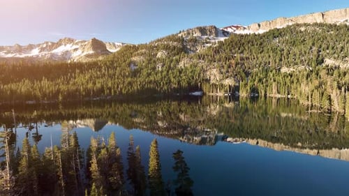 Aerial shot of a tranquil lake reflecting the surrounding landscape