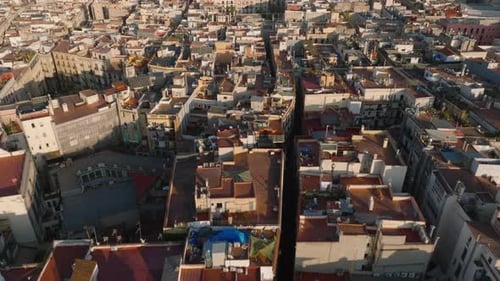 Fly Above Residential Urban Borough with Multistorey Apartment Buildings and Rooftop Terraces Scene