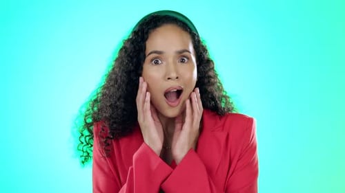 Surprise, woman and wow face in studio for promo, deal or announcement, news