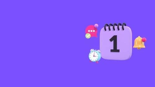 Ícones animados de calendário, relógio e notificação para planejamento e gerenciamento diário.