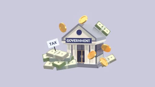 Tax and Finance Animation with Government Building, Cash, and Coins.
