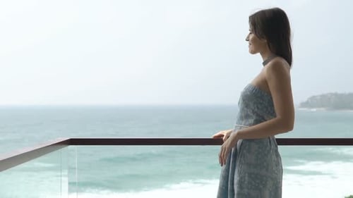 Young Woman Walking Out on Terrace and Admire View 30s