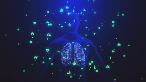 Futuristic Digital Human Scan with Animated Medical Icons and Lungs