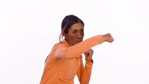 Woman Training and Punching on White Background
